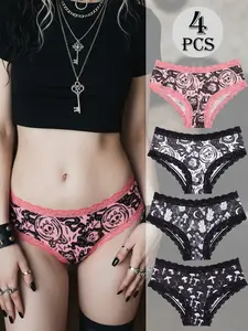 Morvia 4Pcs Gothic Pink Cat Skull & Mushroom Panties for Women, Sexy Lace Trim Hipster Underwear, Alt Aesthetic Grunge Emo Style Briefs, Soft Breathable Stretchy Lingerie Pack