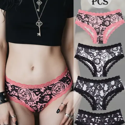 Morvia 4Pcs Gothic Pink Cat Skull & Mushroom Printed Panties for Women, Sexy Lace Trim Hipster Underwear, Alt Aesthetic Grunge Emo Style Briefs, Soft Breathable Stretchy Lingerie Pack