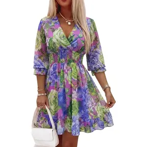 Women Floral Boho Wrap Dress V-Neck High Waist Short Layered Lined Summer Casual Beach Wedding Guest Dress