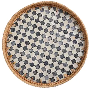 Round Rattan Tray with Mother of Pearl Inlay, Rattan Serving Tray for Coffee, Bread, Fruits, Decorative Wicker Tray for Table Decor, Home Decor, Kitchen Island Decor(Black Checkerboard, 11.8")