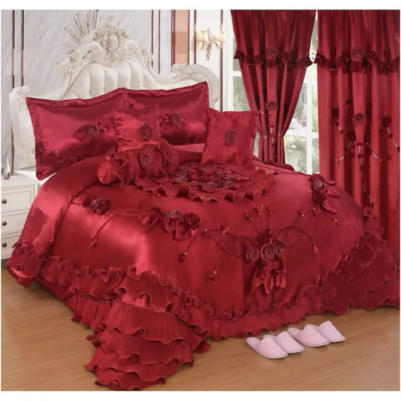 Wedding Set - Pink and White Bedding with Floral Design and Ruffled Edges