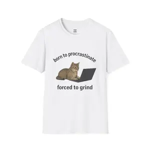 Procrastinate Hard, Grind Harder — Cat on Laptop Tee Casual Cotton Shirt