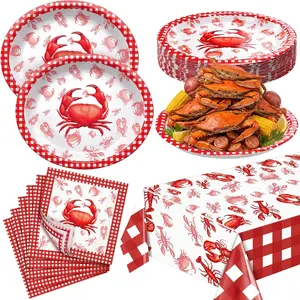 Havawish 51 Pcs Crab Boil Party Supplies for 25 Guests Disposable Crab Tableware Set with Plastic Tablecloth Oval Paper Plates Cocktail Napkins for Seafood Boil Birthday Decorations