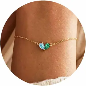Dainty 2 Birthstones Gold Bracelets for Women Non Tarnish 14K Gold Plated Heart CZ Bracelet Jewelry Gift for Mother Daughter Anniversary Birthday