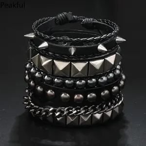 New cross-border hot-selling skull pentagram alloy accessories four-piece cowhide bracelet, Amazon AliExpress