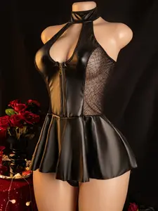 Sexy Lingerie Dress Set Temptation Hanging Neck Patent Leather Hollow Out Skirt One-Piece Dress Set Ladies Womenswear Erotic Costume Erotic Nightgown, Nightgown Set, Lingerie Sets
