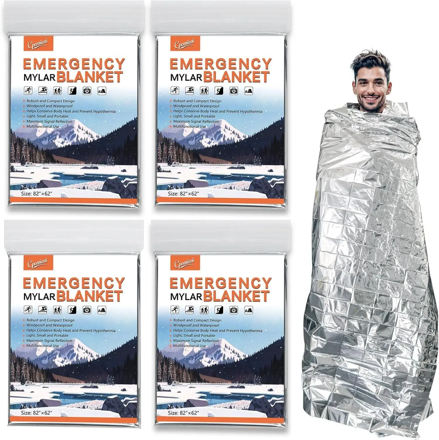 Large 82” x 62” Survival Emergency Mylar Thermal Blankets, Thermal Survival Blanket Perfect for Camping, Hiking, Body Insulation, Outdoors, Car Survival Kit, Bug Out Bag (4 Pack)