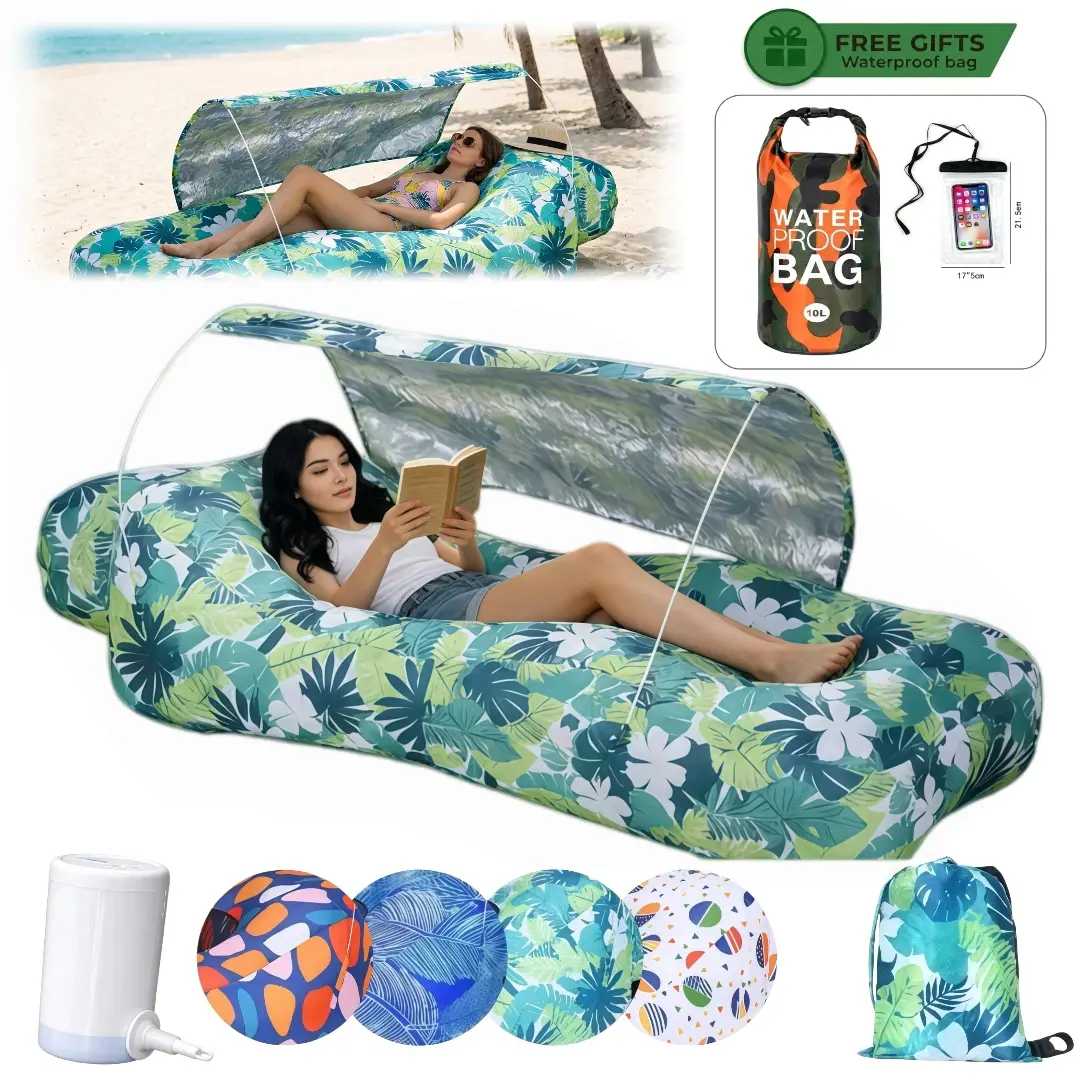 Inflatable Lounge Chair with Sun Shade UPF50+ UV Protection Fast Inflation Air Lounger for Beach Pool Camping Outdoor Relaxation