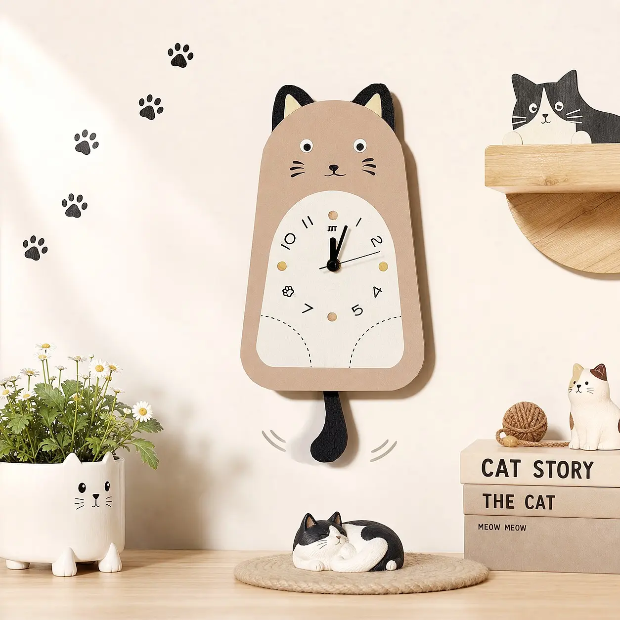 Cute Wooden Swinging Tail Cat Clock, Wooden Wall Clock, Decorative Wall Clock, Creative Decorative Clock, Wall Clocks for Living Room, Pendulum Clock, Animal-Shaped Clock, Cat-Themed Gift, Exquisite Home Decor, Holiday Gifts