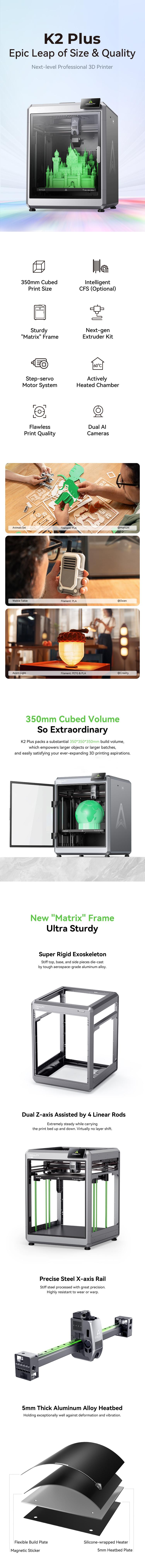 Creality K2 Plus 3D Printer - Support Multi-color, 600mm/s Printing Speed, Dual-Gear Direct Drive Extruder, Dual Hands-Free Auto Leveling, AI Features