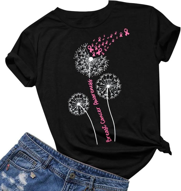 Men's Classic Breast Cancer Awareness Short-Sleeve Tee - Anti-Fade Dandelion Line Art Print, Soft Lightweight Cotton Fabric, Breathable, Relaxed Fit, Round Neck, Casual Wear Top (Pink, White)