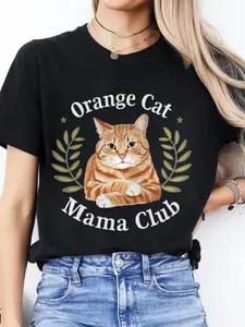 Orange Cat Mama Club Women's Plus Size Short Sleeve Round Neck Simple Cat Print Graphic T-shirt in Black 100% Cotton Breathable Fabric Fit
