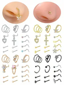 Heart & Butterfly & Cross Design Nose Ring, Rhinestone Decor Nose Piercing Jewelry for Women, Fashion Pierced Accessories for Party, Daily Clothing Decor, Nose Piercing Kit