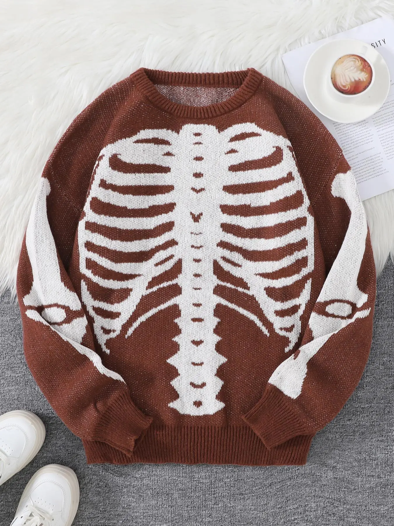 Men's Skeleton Print Round Neck Sweater, Regular Fitted Casual Comfy Pullover Long Sleeve Crew Neck Jumper for Fall & Winter, Men's Knitwear Clothes for Daily Wear, Casual Cozy Pullover