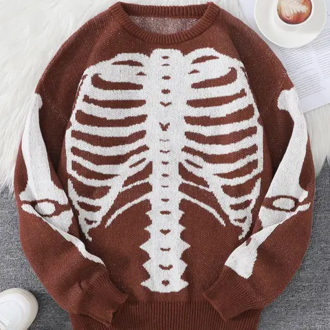 Men's Skeleton Print Round Neck Sweater, Regular Fitted Casual Comfy Pullover Long Sleeve Crew Neck Jumper for Fall & Winter, Men's Knitwear Clothes for Daily Wear, Casual Cozy Pullover