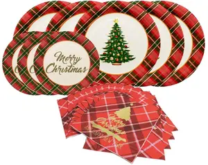 Gatherfun Christmas Party Supplies Christmas Tree Red Plaid Disposable Paper Dinner Plates Dessert Plates and Napkins for Merry Christmas Party, Serve 20