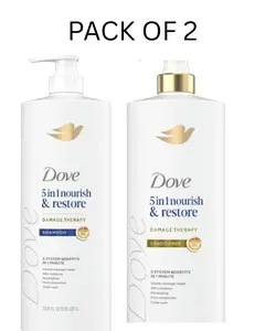 Pack of 2: Shampoo + Conditioner Dove Nourish & Restore 5-in-1, 33.8 fl. oz each. Demage Therapy, visible demage repair, 48h moisture, detangling, frizz protection, color care, hair care