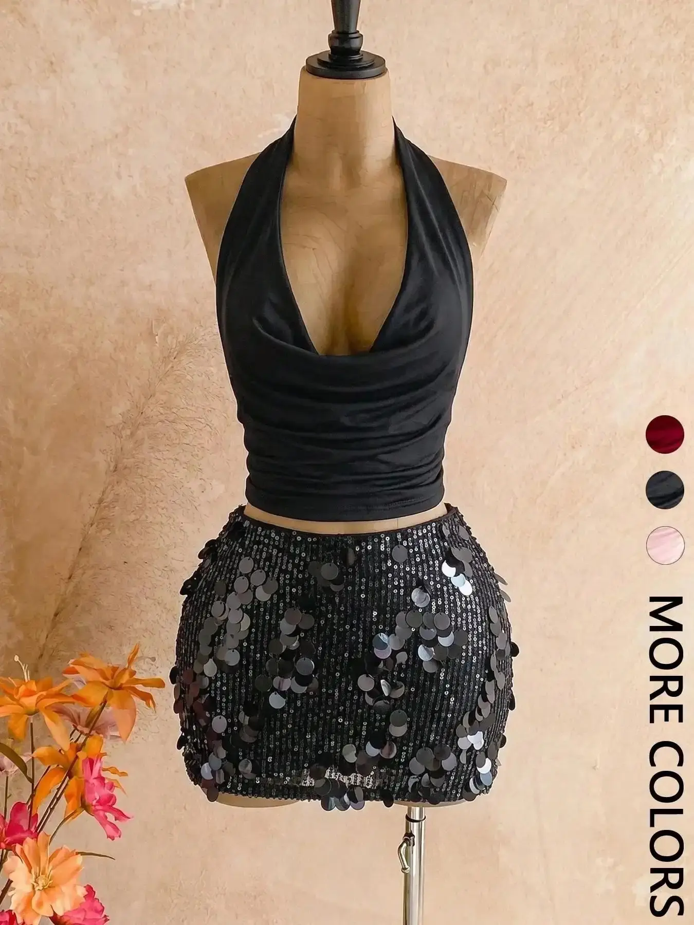 Essential Elegant Party Set, Halter Top & Sequin Rhinestone Mini Skirt, 2-Piece Glamorous Ensemble for Special Occasions, effortless layering, chic everyday, refined casual, versatile piece