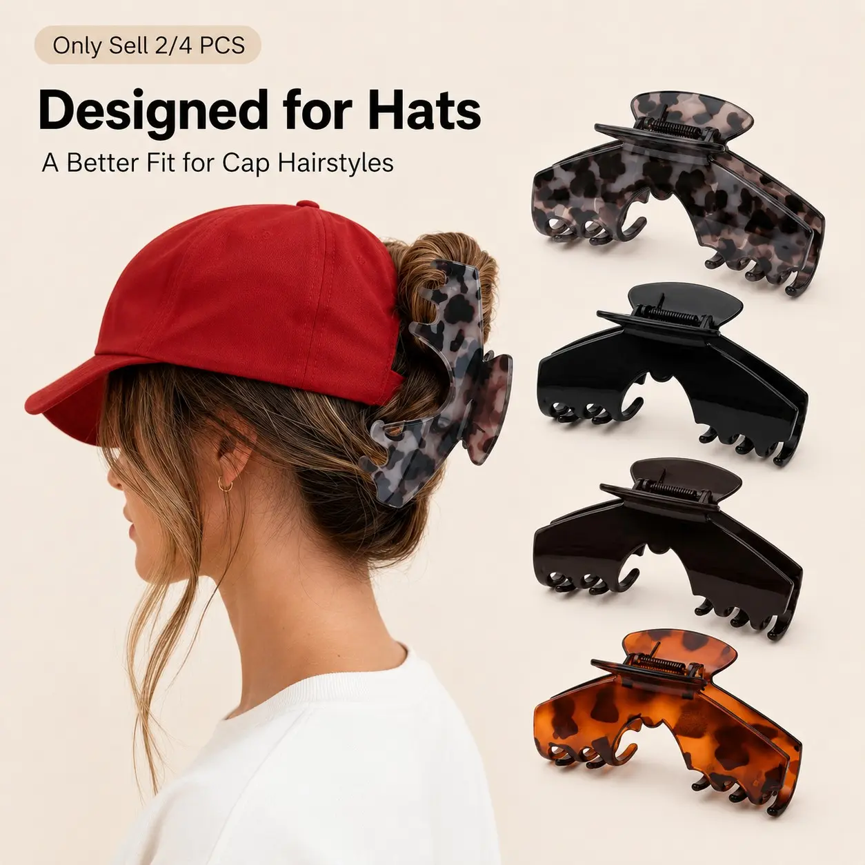 2/4PCS Hat Claw Clip for Women, Hat-Friendly Claw Clip for Baseball Caps & Trucker Hats, Adjustable Tortoise Shell Hair Clip, Secure Hold Hair Accessory for Thick or Thin Hair, Daily Outing, Hair Claws Set, Hair Clips for Thick Hair