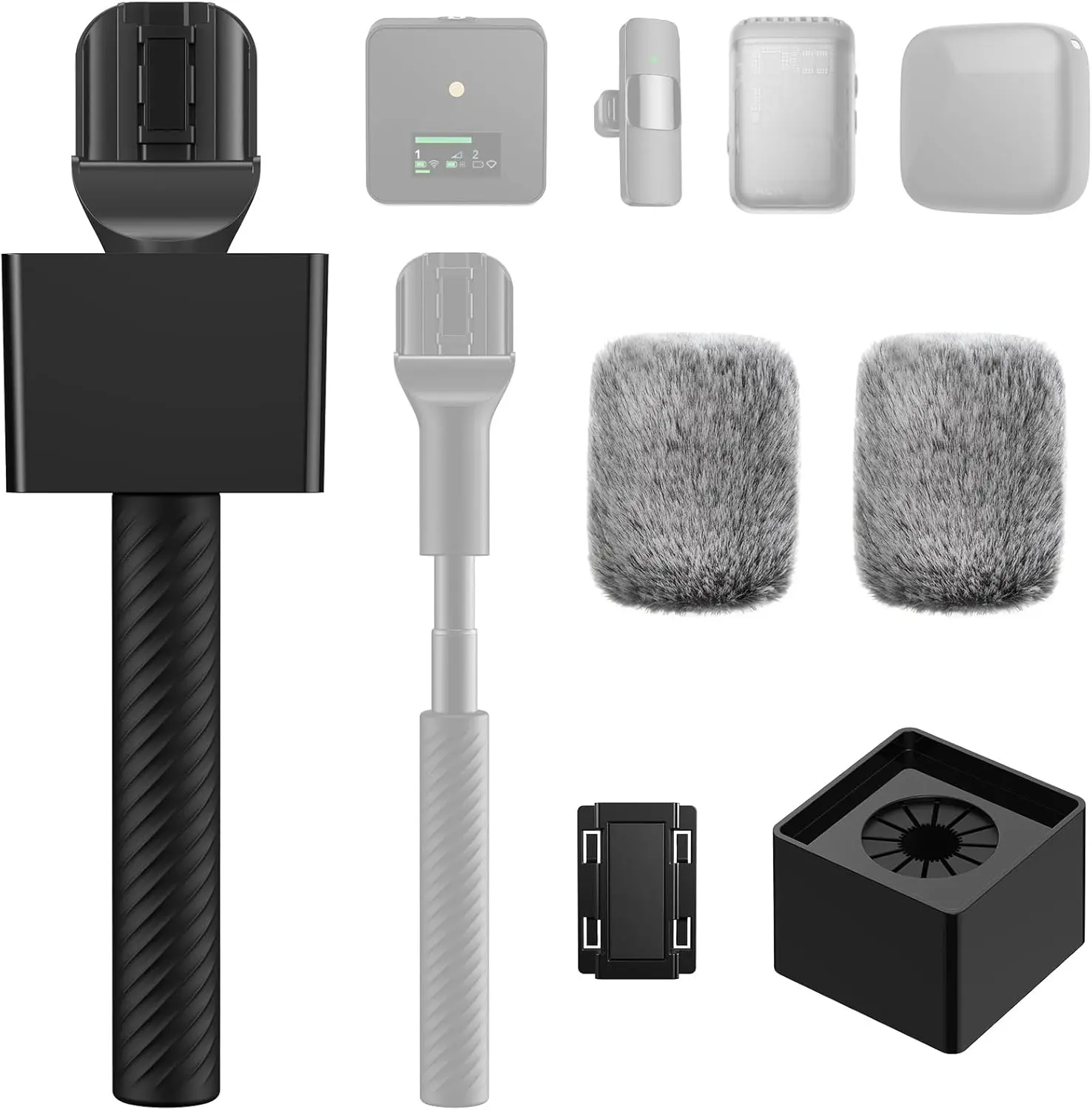 TONOR TP40 Adjustable Wireless Microphone Handle - Magnetic Steel Construction, Wind Noise Reduced, Rubber Grip, 2 Foams, Channel Flag Box, Compatible with DJI, RODE, Hollyland Lapel Mics & All Lavalier Mic Stands, 9.5 in Telescopic Rod for Reports