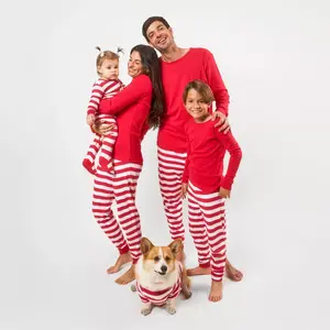Leveret Mens Two Piece Cotton Matching Family Pajamas Striped Red & Solid Top White L