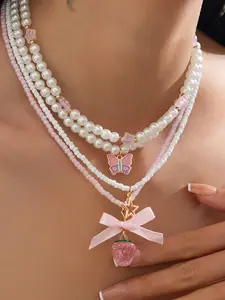 Cute Bow Strawberry Star Pendant Necklace Set, Faux Pearl Jewelry Gift for Women Daughter Friend Birthday Present