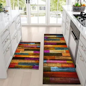 Soft Non-Slip Kitchen Mat Set, Vintage Colorful Wood Pattern, Carpet for Kitchen Bathroom Living Room Bedroom Use