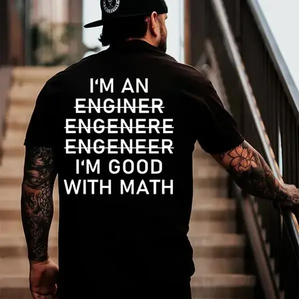 Men's Short-Sleeve Cotton Tee - Classic Vintage Round Neck Graphic Menswear, Comfortable Casual Top with "I'm Good With Math" Print, Soft Fabric Streetwear