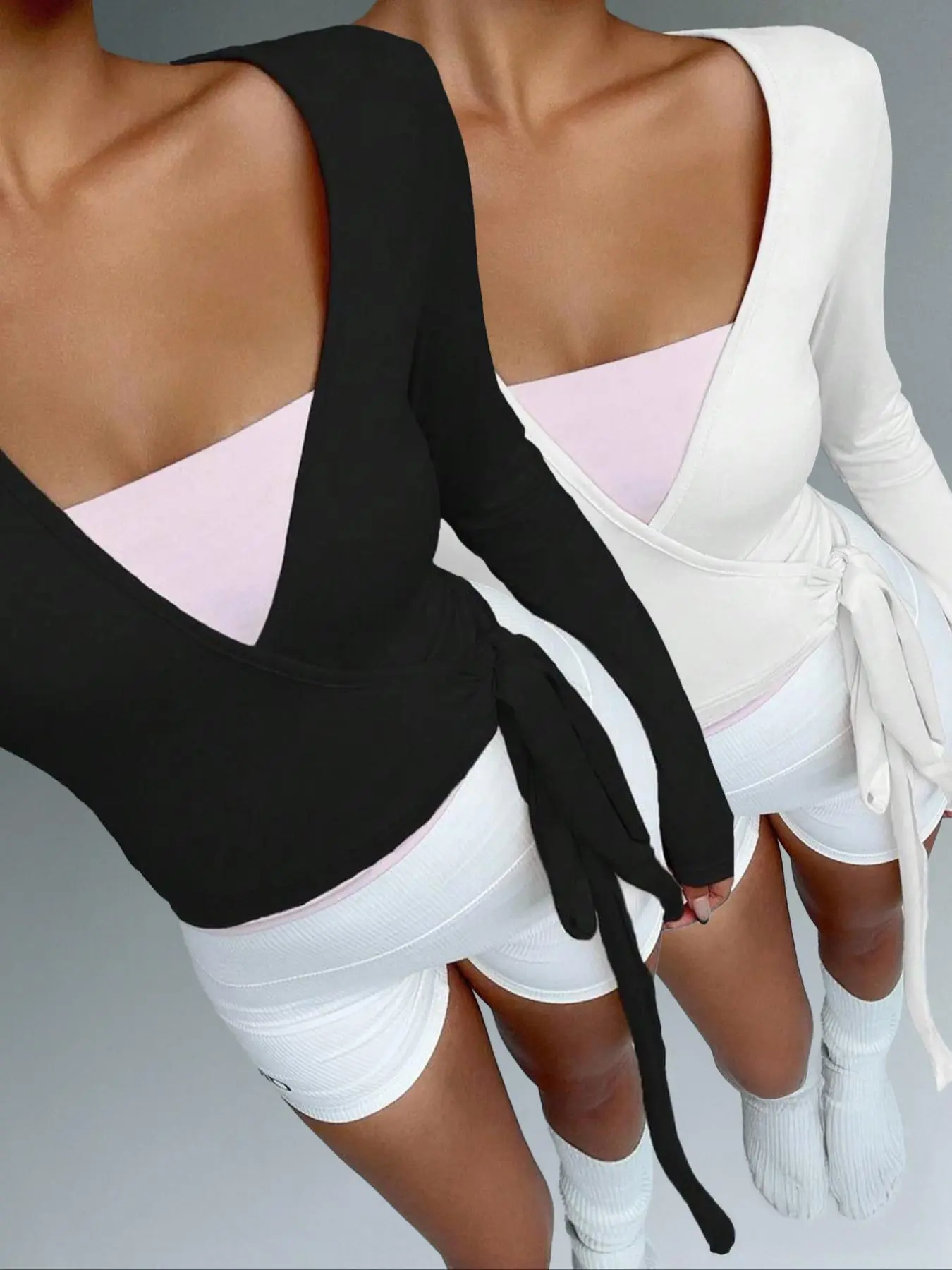Women's Knitted Pure Color Elastic Stretchy Soft Comfortable Fit Front Tie V Neck Bodycon Long Sleeve Short Top, Fashion Versatile Casual Fitted Knitwear Sportswear, Aesthetic Casual Knitwear, Knitwear, Womenswear