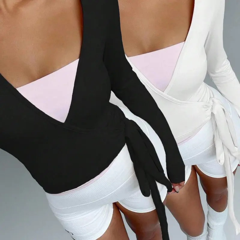 Women's Knitted Solid Color Stretchy Soft Long-Sleeve Short Top, Comfortable Front-Tie V-Neck Bodycon Design, Aesthetic Casual Knitwear, Fashion Versatile Casual Fitted Knitwear, Womenswear