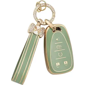 Key Fob Cover for Chevy 5 Buttons Keys Shell Case TPU Bling Car Keychain Protector Accessories for Equinox Malibu Blazer Camaro Spark Traverse Trax Green Gold Women Men Cute