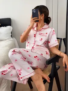 Bow Button Front Short Sleeve Top and Elastic Long Pants Set, Casual Loose-Fitting Pajama Set, Nightwear for All Seasons, Women's Home Wear, Loungewear, Pjs, Womenswear, Lady