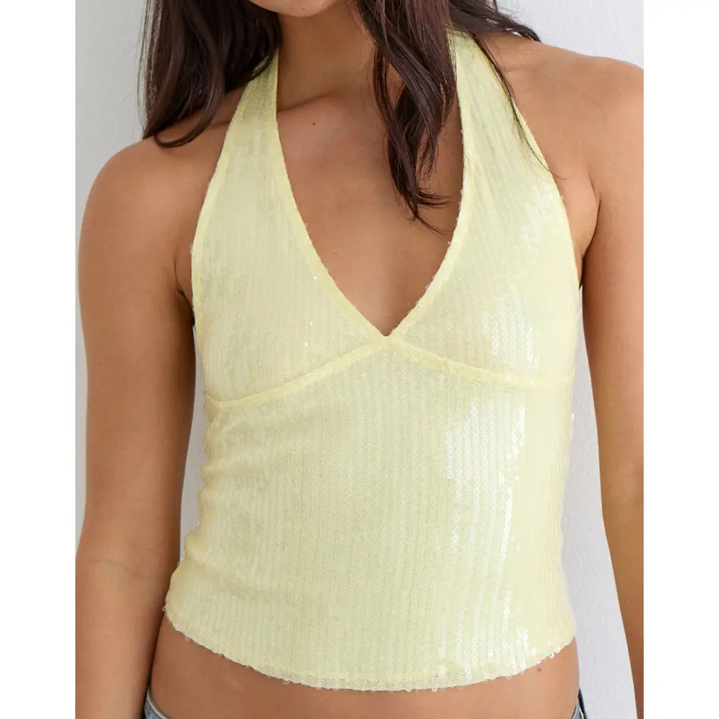 Cosio Halter Top in Clear Sequin Yellow