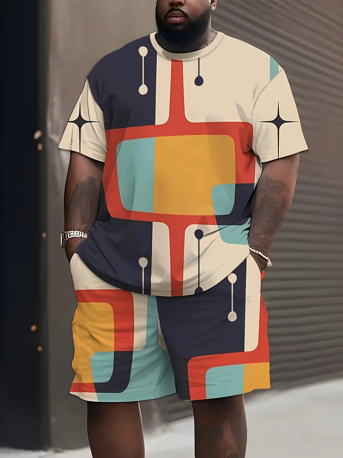 Large-sized men's clothing, short-sleeved and short-pants sets, casual sports tie-up outfits, extra-large size, Tropical, Lightweight Summer Activewear