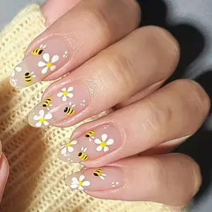 Spring Summer Essential! Nude Daisy Bee Cute Nail Art, Flower Nails, Long Almond Shape False Nails, 24pcs Wearable Nails, Perfect for Daily Use