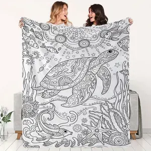 1pc Ocean World Adult Coloring Blanket with Sea Turtle, Starfish & Seahorse Patterns - Thickened Flannel All-Season Warm Throw for Adults &, Relax Coloring Book Pages Bedspread, Sofa Bed Cover, Marine Life Design Gift
