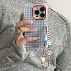 Trendy Blue Checkered Grid Pattern Phone Case for iPhone 16 Pro Max 15 13 Pro 14 12 11 Plus Contrasting Color Bracelet Chain Soft Cover