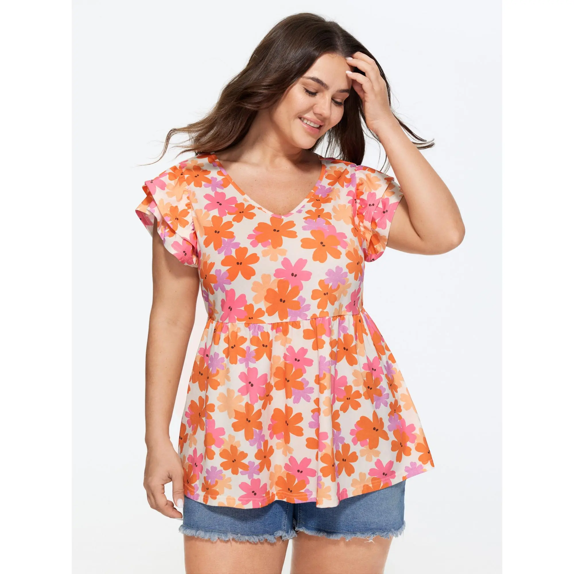 BloomChic Women's Plus Size Stretchy Spandex Garment - Floral Print Ruffled Sleeve Knit Top, Amber, Comfortable Fabric, Flattering Fit [M-6X] 2026 Summerfinds, Shirts, Casual, Plus Size Tops, Elastane, Cap Sleeve, Cotton, 22-24/3X, Boho Clothing, Blouse,,