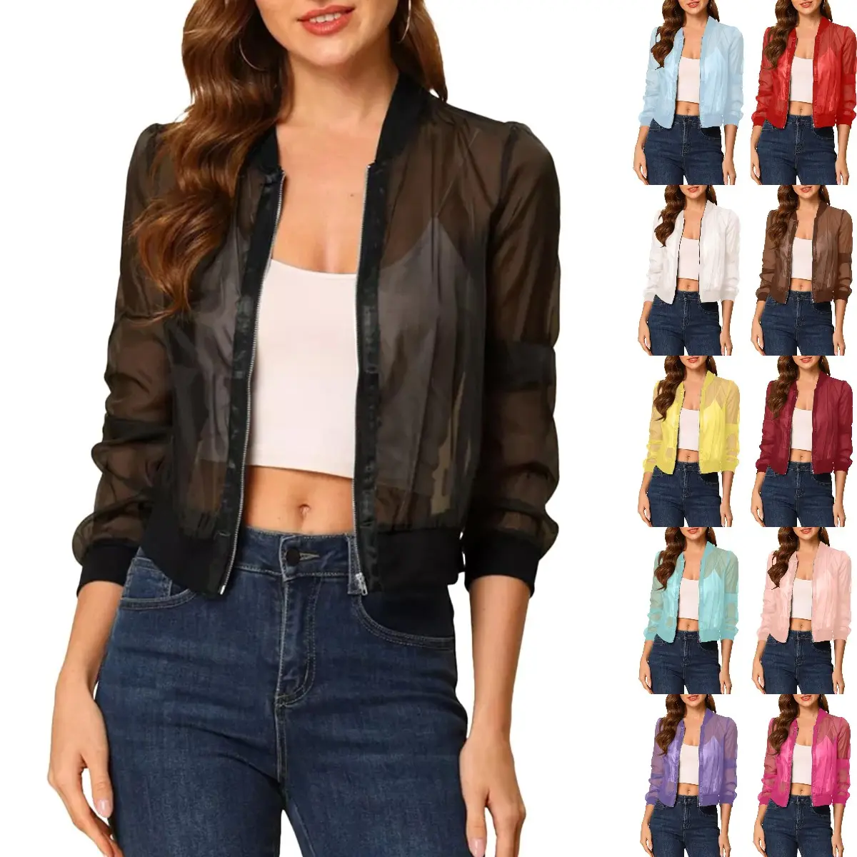 Goranbon Women's Crop Mesh Sheer Bomber Jackets Lightweight Long Sleeve Zip Up Jacket Outwear