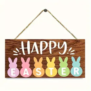 Easter Bunny Welcome Sign, Decorative Plaque, Rustic Wood Door Decor, Colorful Rabbits and Happy Easter Text, Easy-To-Hang Rope, Perfect for Home Parties, Rustic Farmhouse Design