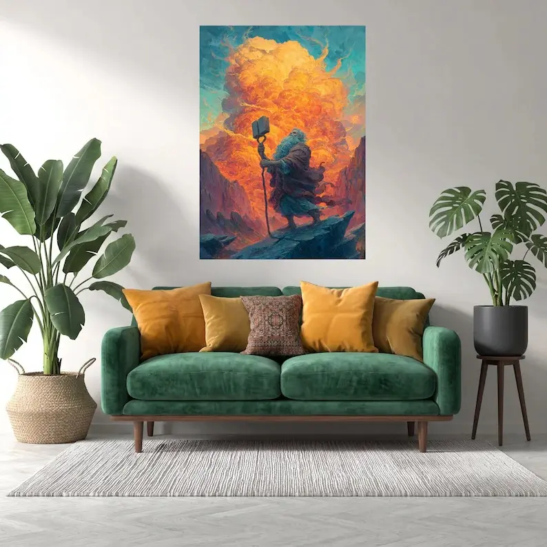 Ancient Prophet with Tablet, Fiery Cloud Canvas, Dramatic Sky Wall Art, Mythical Figure Painting, Spiritual Home Decoration