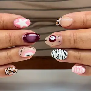 24pcs Y2K Short Oval Press-On Nails, Star Polka Dot Crocodile Zebra Leopard Patterns, Medium Size, Acrylic Material, Summer Manicure Essentials