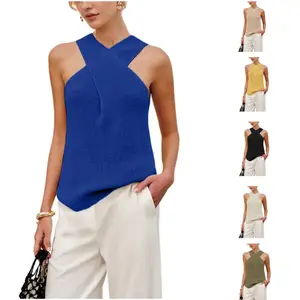 UANEO Women Halter Cross Over Collar Tank Knit Sleeveless Top Solid Color Casual Versatile Blouse Womenswear Stretchy