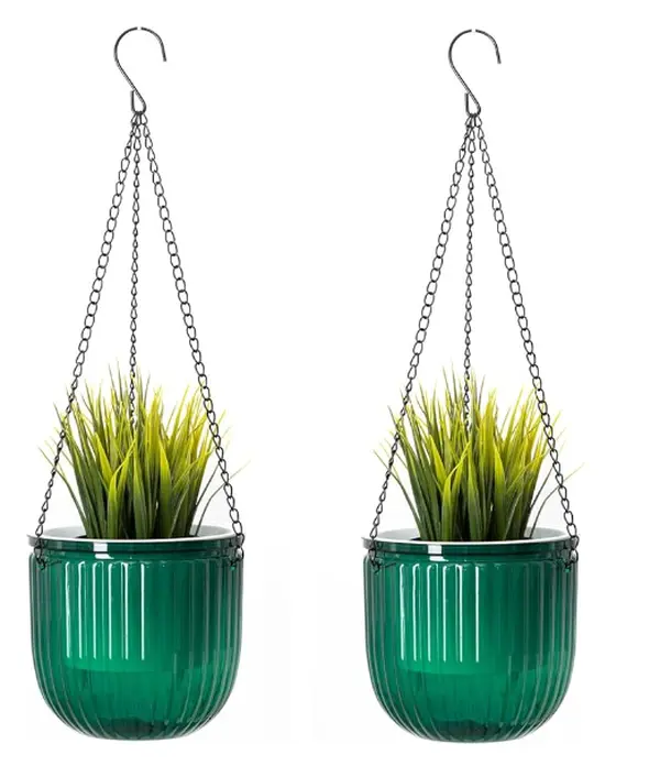 Transparent and Green Strips Self-Watering Hanging Planters 6.5 inch Hanging Planters Set, 2 Packs Indoor and Outdoor Hanging Plant Pot with 3 Hooks Holes for Hanging Flower and Plants