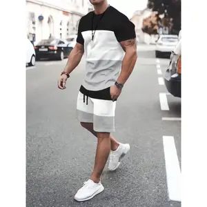 Men's Colorblock Short Sleeve Tee & Shorts Matching Set, Regular Fit Casual Round Neck T-shirt & Track Shorts, Summer Clothes Set for Men, Menswear