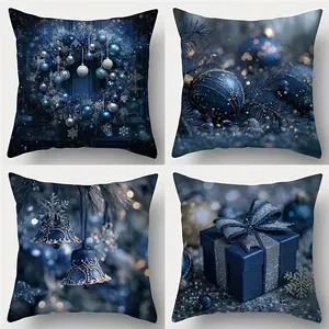 4pcs, blue Christmas theme Throw Pillow Covers, Suitable for everyday gatherings, holiday events, and home decor, Single-sided printing, no pillow core, Cushion Slipcovers
