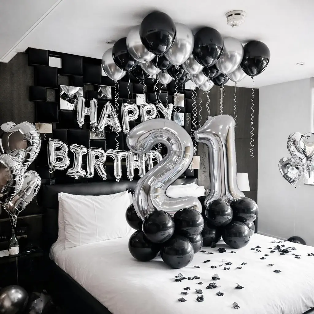Luxury Black & Silver Birthday Balloon Backdrop - Balloon Decor, Trending Party Decoration, Aesthetic Birthday Setup