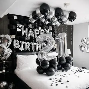 Luxury Black & Silver Birthday Balloon Backdrop  , Trending Party Decoration Ideas , Aesthetic Birthday Setup