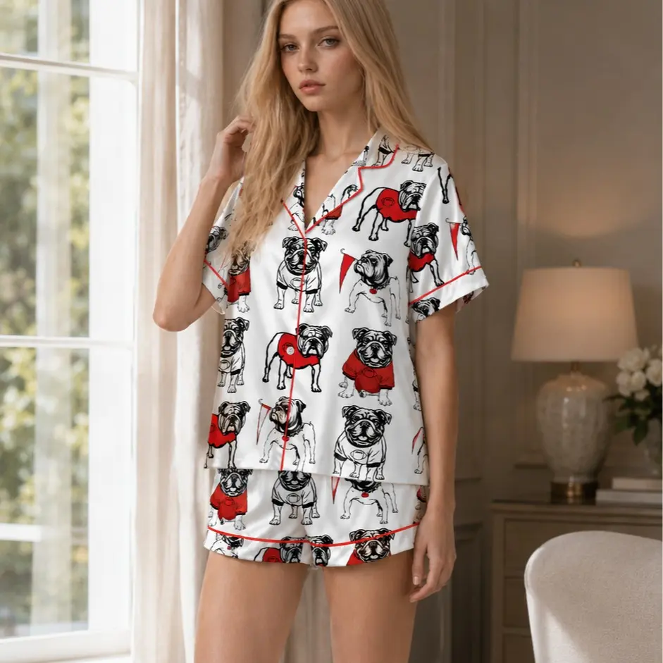 Bulldog Football Satin Pajama Set, Women Men Button Up Sleepwear, Cute Dog Print Short Sleeve PJs, Gift for Her Him