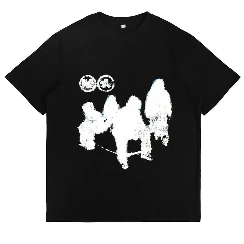 Mens Black Graphic Short Sleeve T Shirt Streetwear Cotton Tee Grunge White Shadow Figures Skate Style Casual Summer Top for Everyday Wear